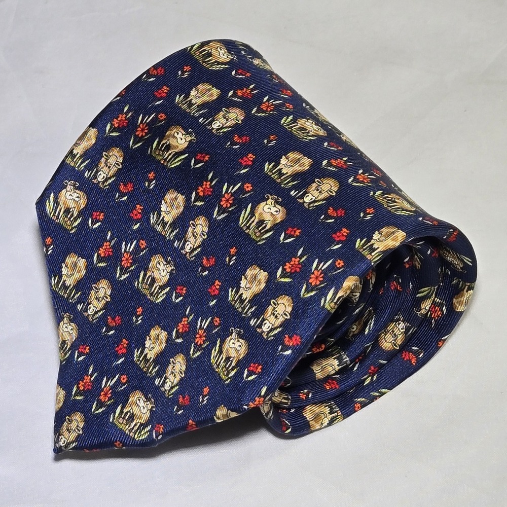 Salvatore Ferragamo Silk Tie Animal Cows Flower Field Italy Designer Auth Bulls